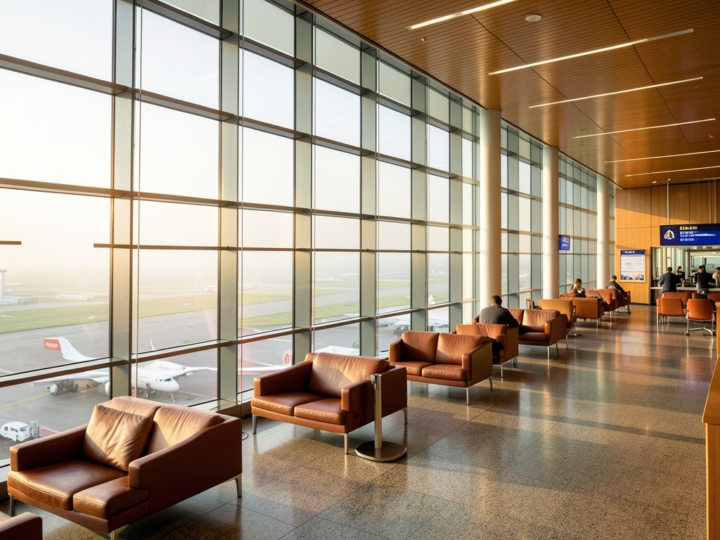 Spacious modern airport terminal with glass walls overlooking
