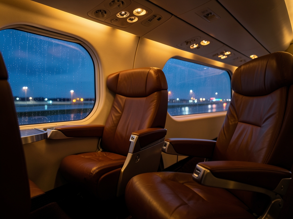 Evening aircraft cabin with amber lighting leather seats