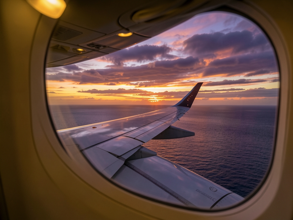 Sunset over Atlantic horizon seen through airplane window