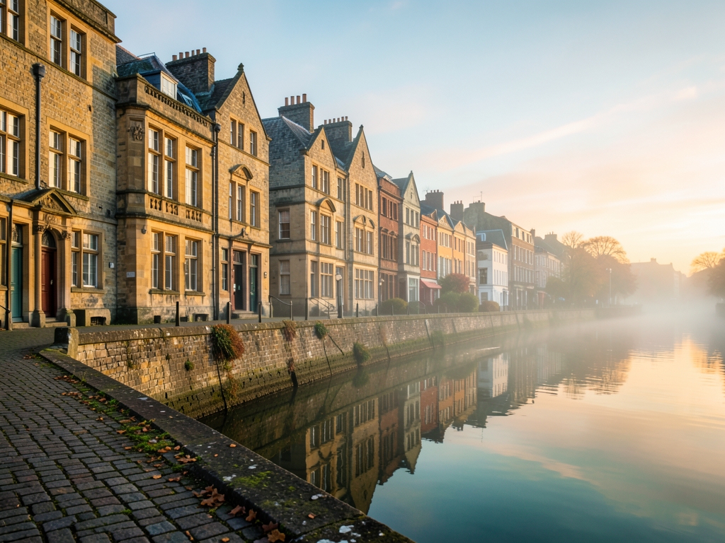 Dublin historic quayside with stone buildings calm river