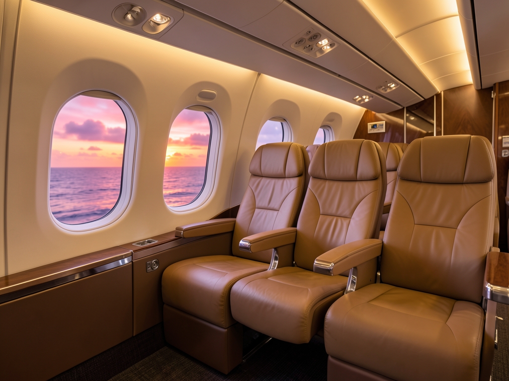 Spacious premium airplane cabin with wide leather seats