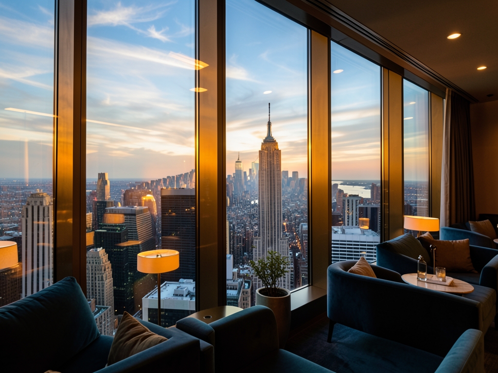 Golden hour over Manhattan skyline seen through high rise