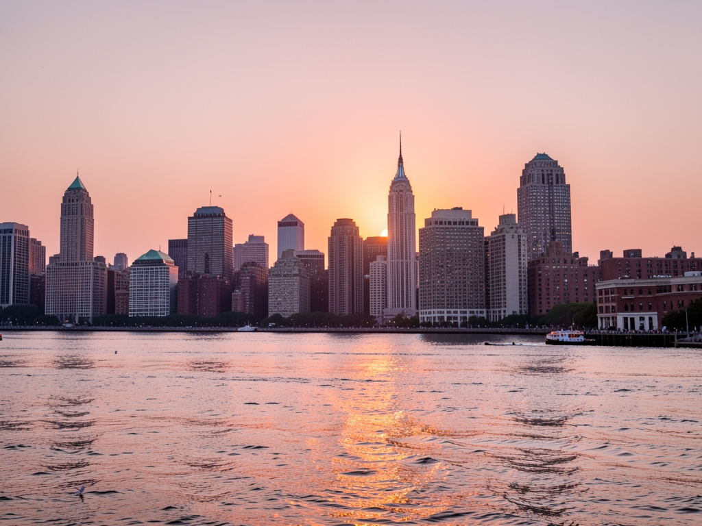 golden sunset descent over Hudson River with steel