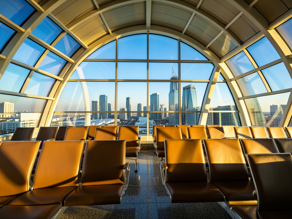 Sunlight streams through curved windows modern airport terminal