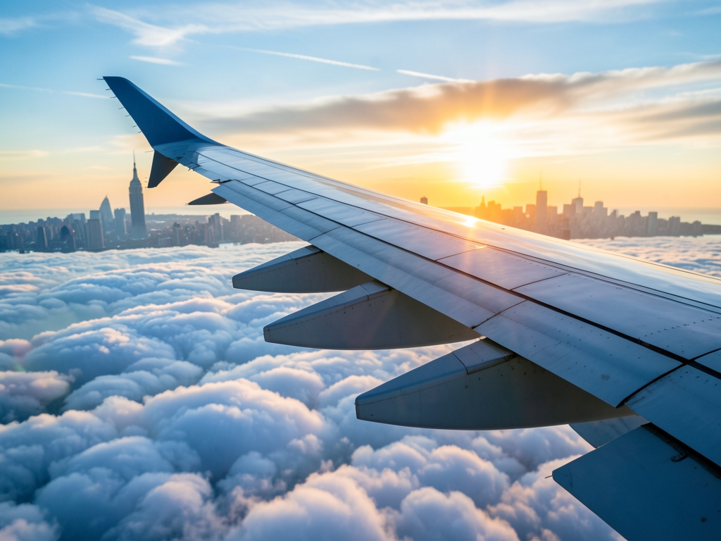 Airplane wing above Atlantic clouds golden sunset with
