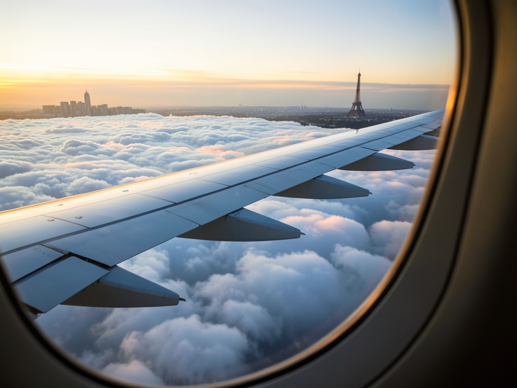 Sunset over airplane wing above white clouds faint