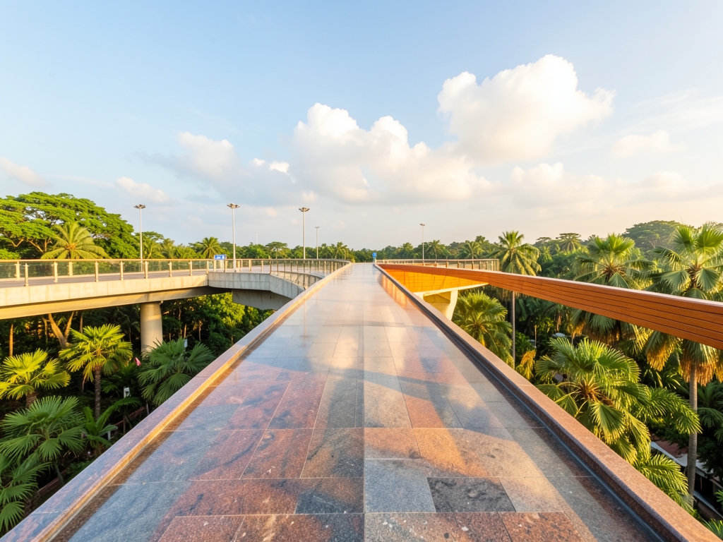 sunlit Singapore airport skybridge overlooking tropical greenery calm