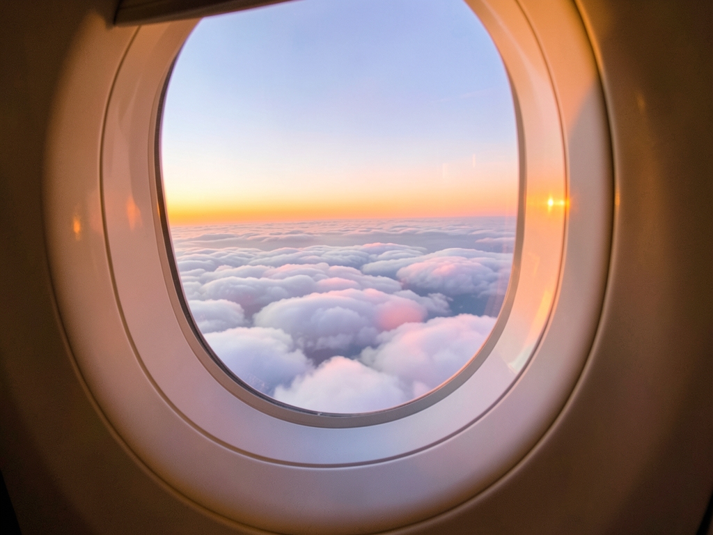 Airplane window golden hour endless cloudscape glowing orange