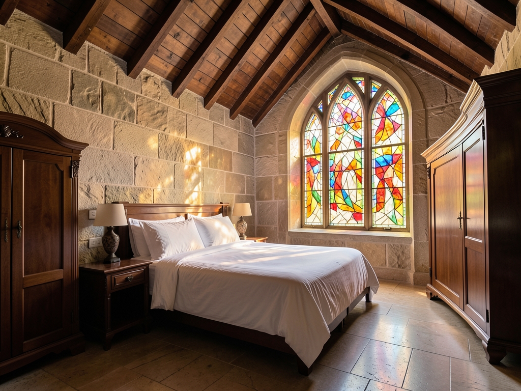Serene chapel hotel suite interior with vaulted ceiling