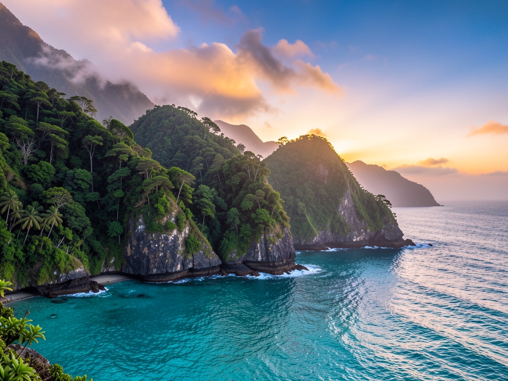 Lush Kauai green cliffs meeting turquoise ocean under