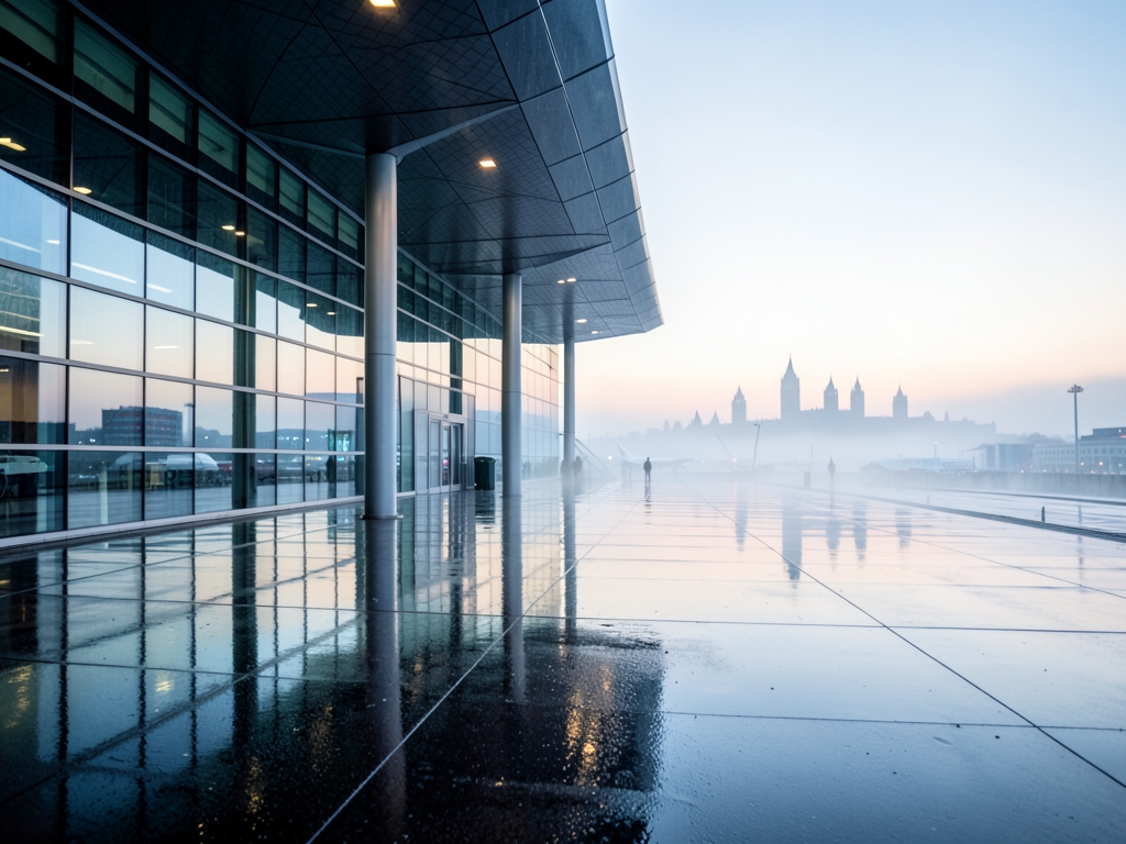 rain washed London airport exterior dawn with glass and steel architecture