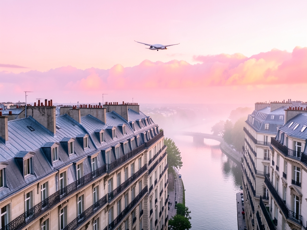 Paris Haussmann rooftops winding river soft pink dawn