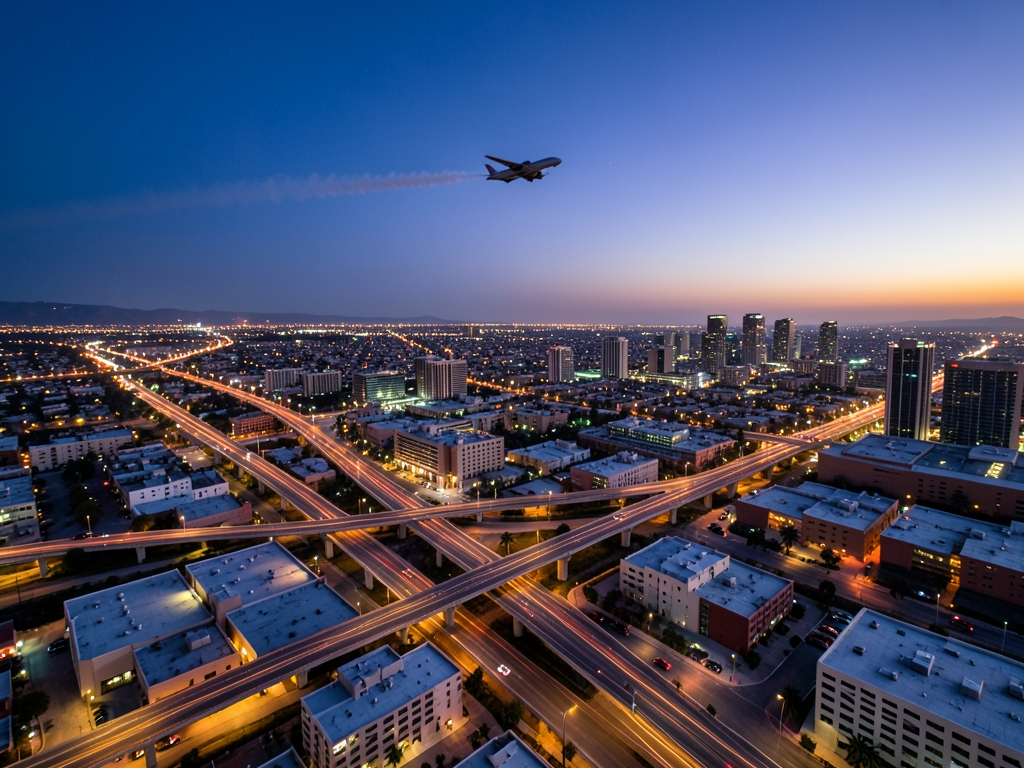 Twilight aerial over Angeles neighborhoods freeway interchanges distant