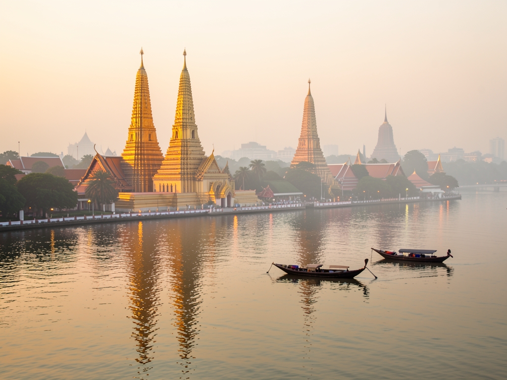Sunrise over Bangkok riverside temples with gilded spires