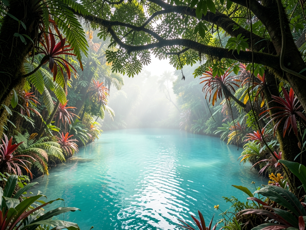 Lush tropical rainforest canopy meeting turquoise lagoon waters