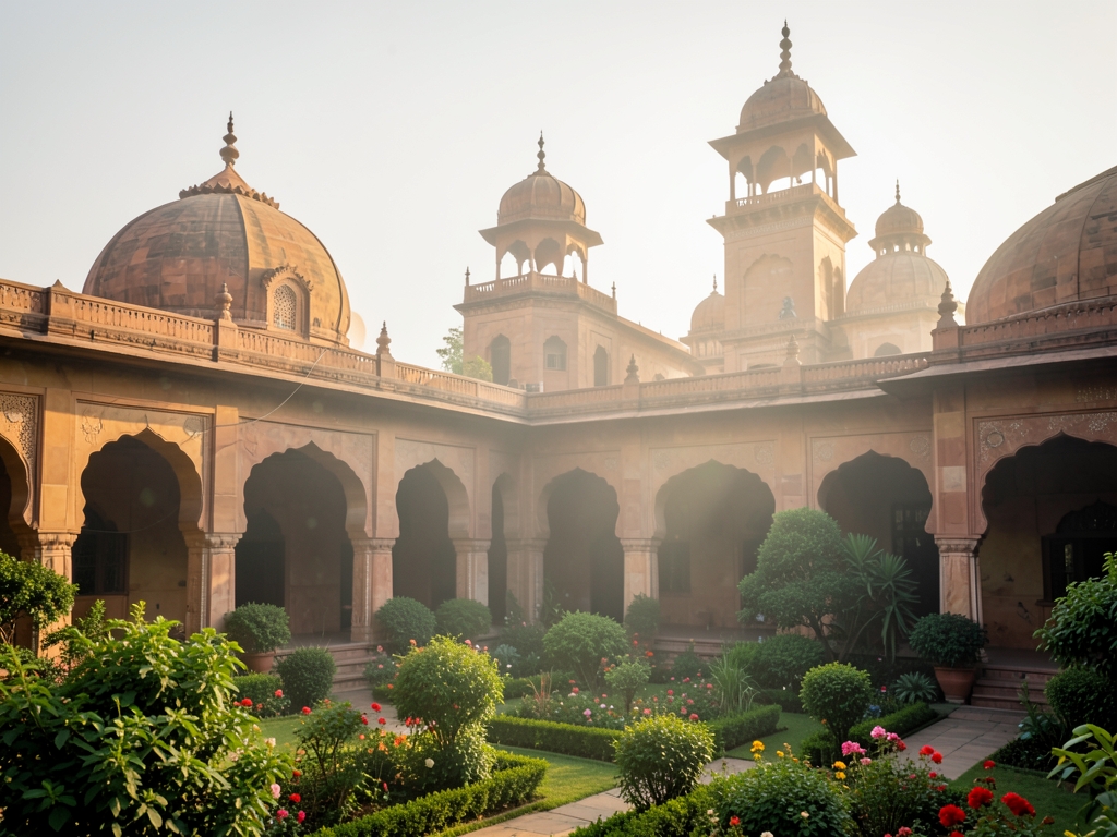 Soft morning light over Delhi sandstone domes arched