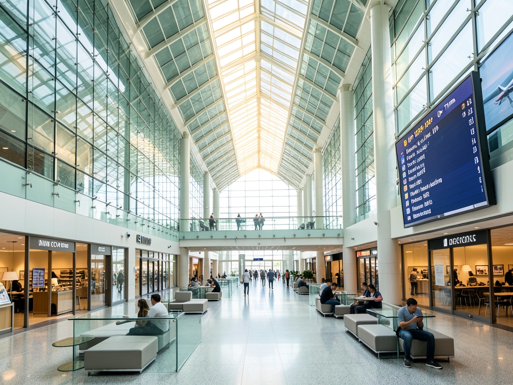 Modern airport terminal interior featuring sleek glass architecture