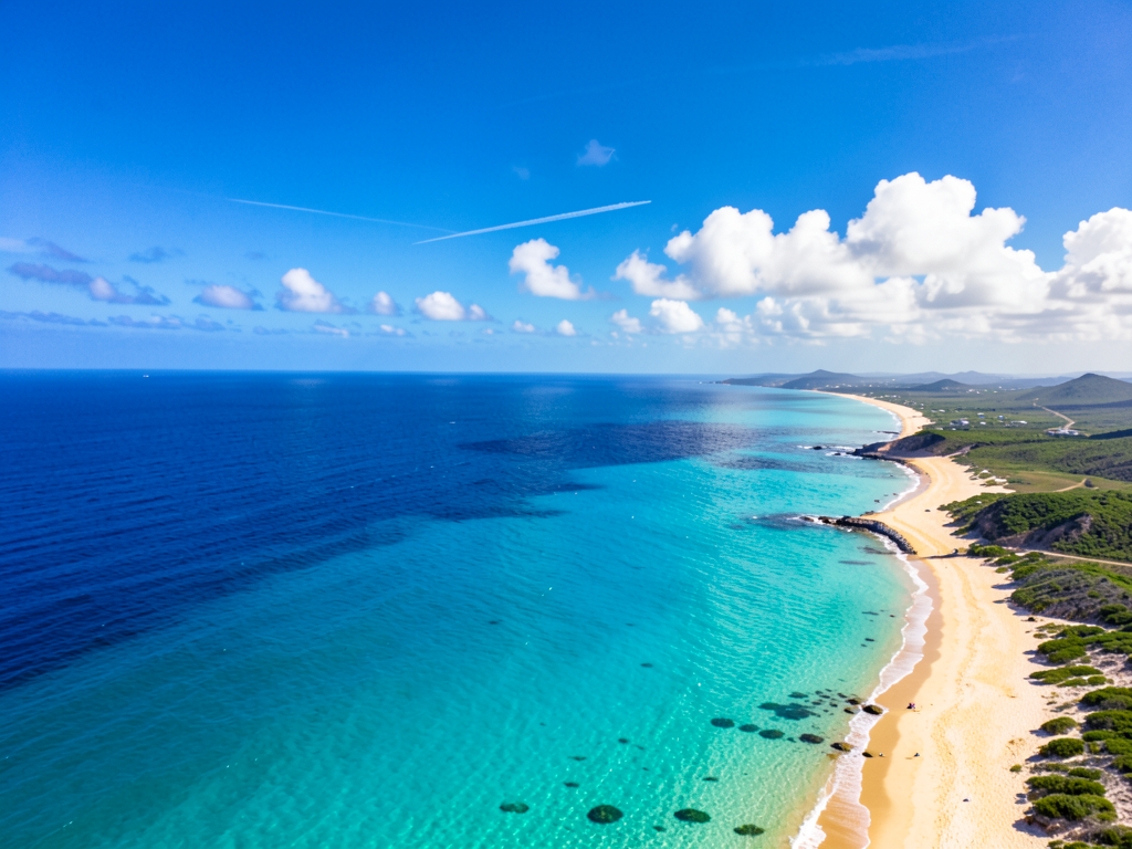 Aerial view turquoise Pacific coastline with distant airplane