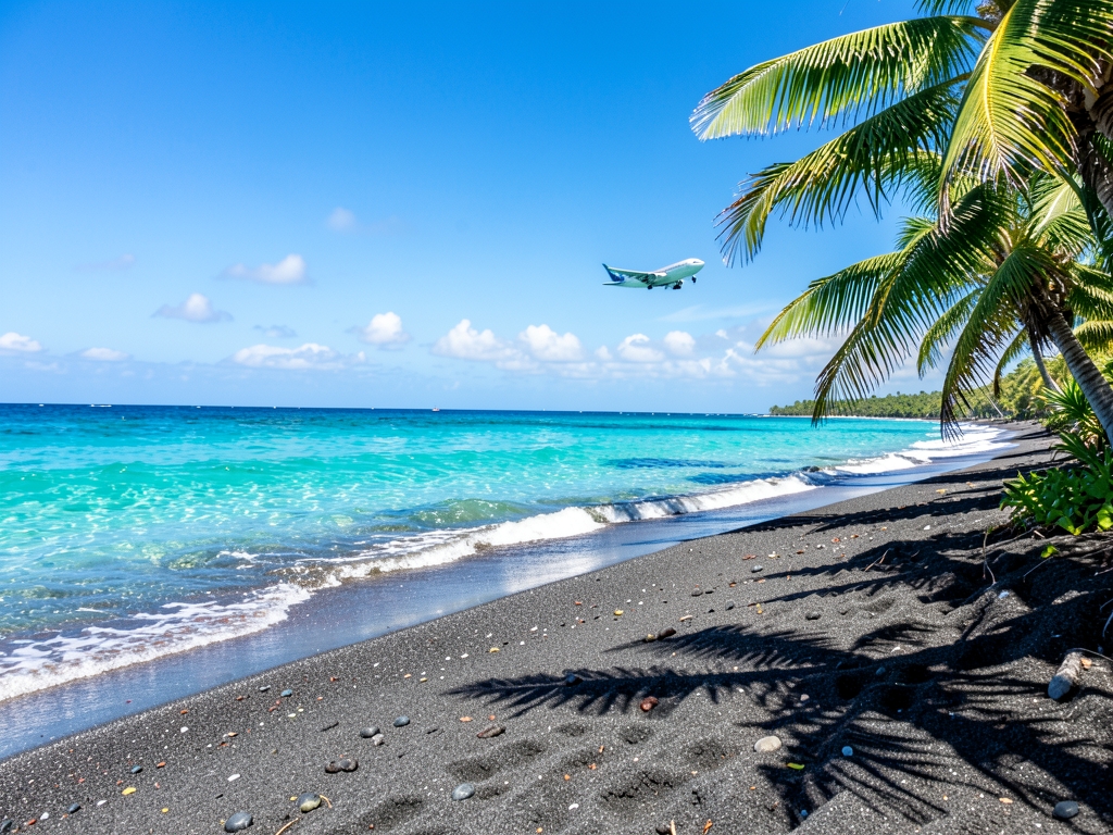 Turquoise Hawaiian shoreline with volcanic sand gentle waves