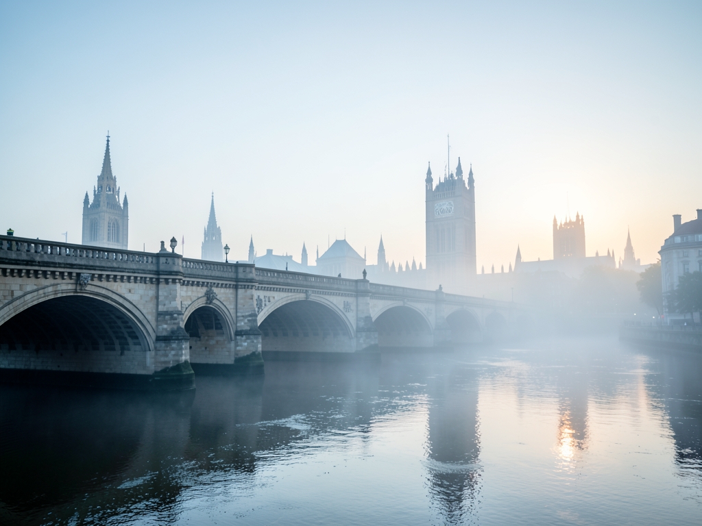Panoramic London riverside with historic stone bridges gothic