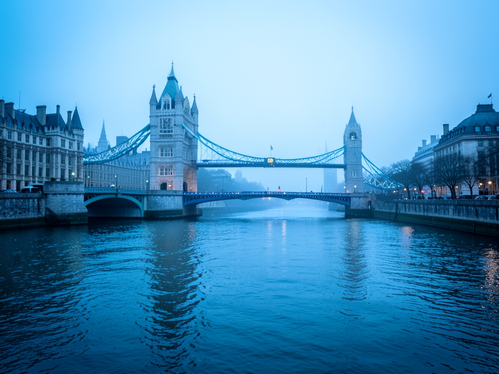 River Thames London soft blue morning mist with