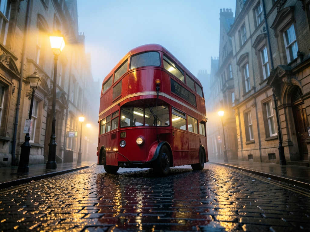 vintage double decker travels along rain slicked cobblestone street London