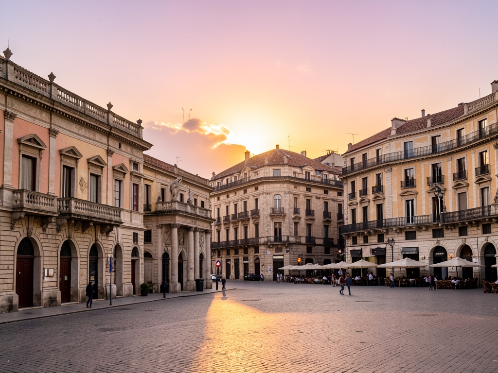 Soft sunset glow over Madrid historic stone rooftops