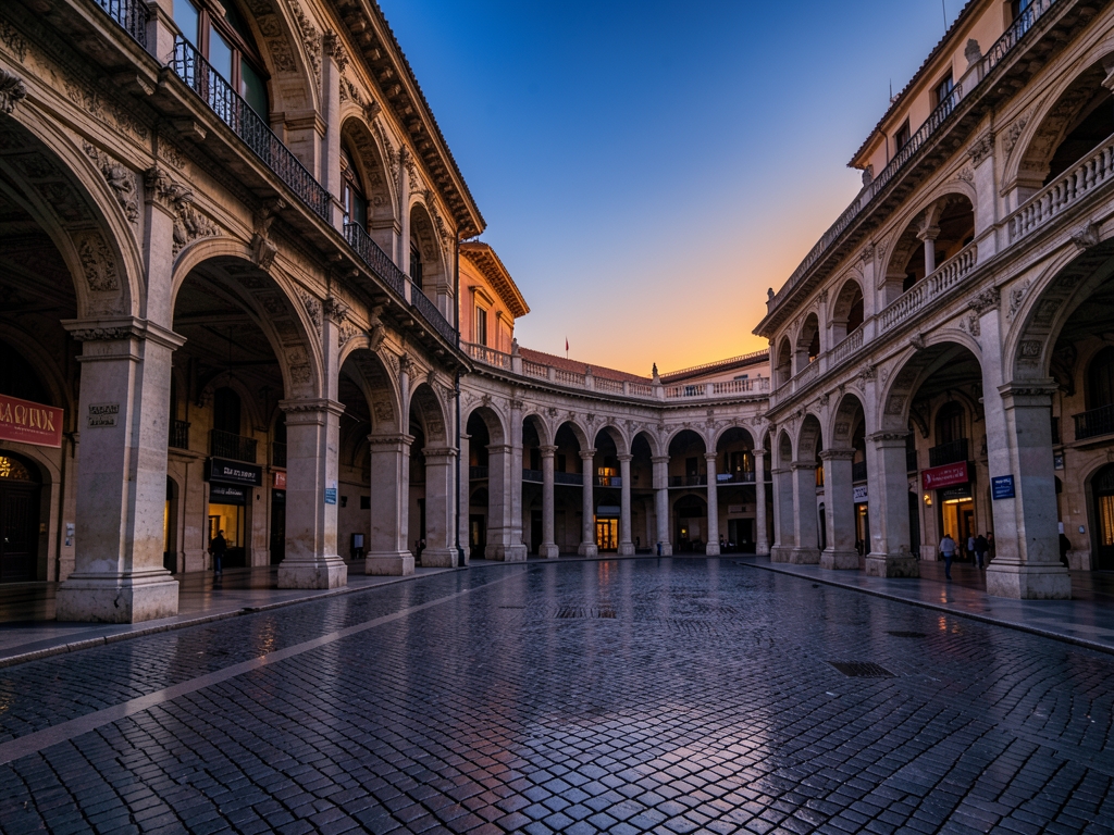 Historic Madrid stone plaza dusk with arched architecture