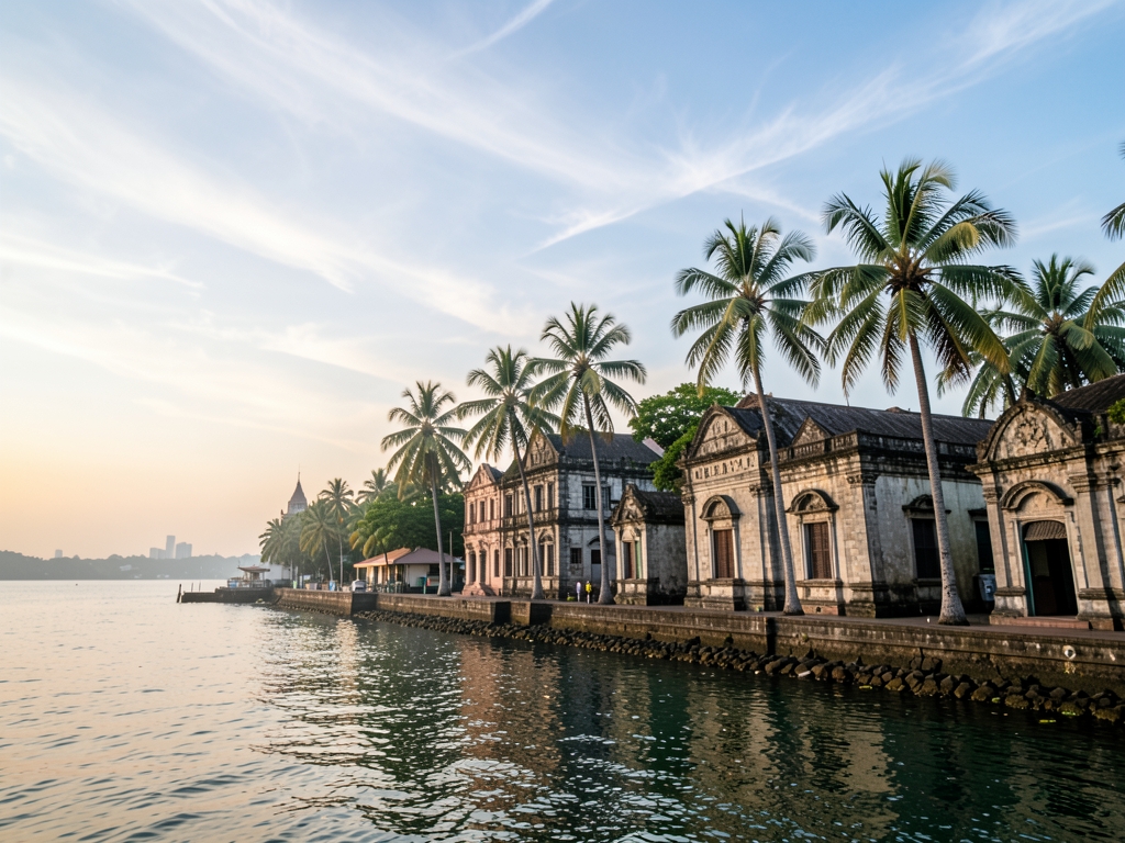 Early morning Manila shoreline with historic stone buildings