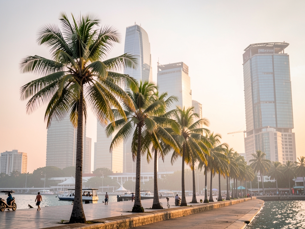 Tropical Manila waterfront soft sunrise with palm trees