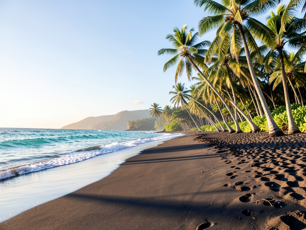 Tropical Maui shoreline with palm trees dark volcanic