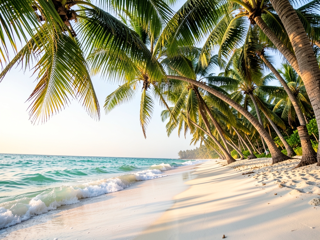 Sunlight filters through palm fronds onto pristine white