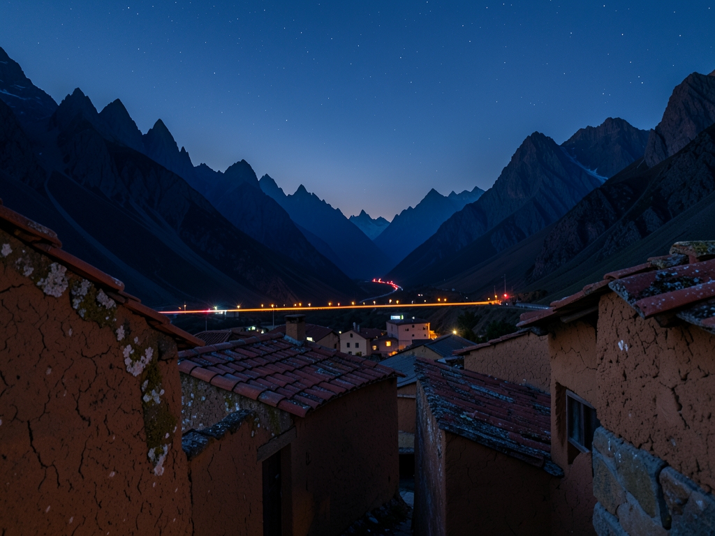 Twilight settles high altitude mountain valley where distant runway