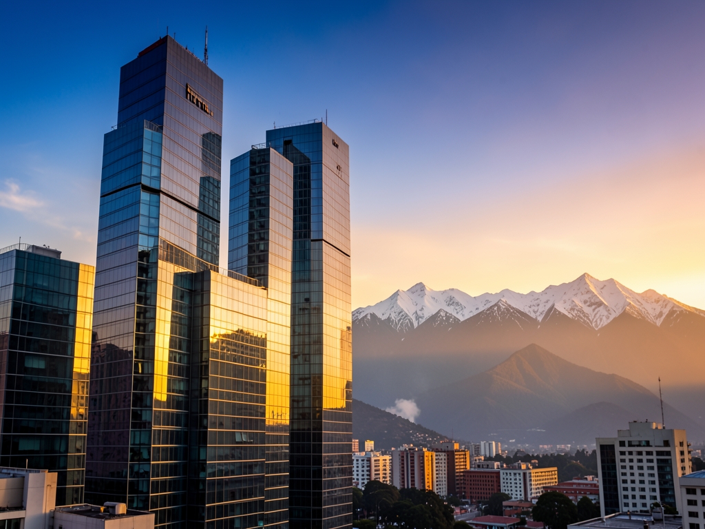 Modern glass skyscrapers Mexico City reflect warm sunset