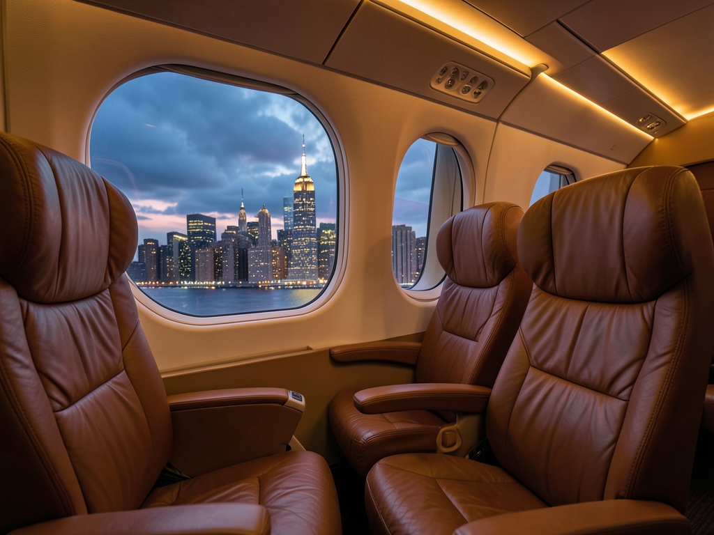 Airplane cabin interior dusk with wide leather seats