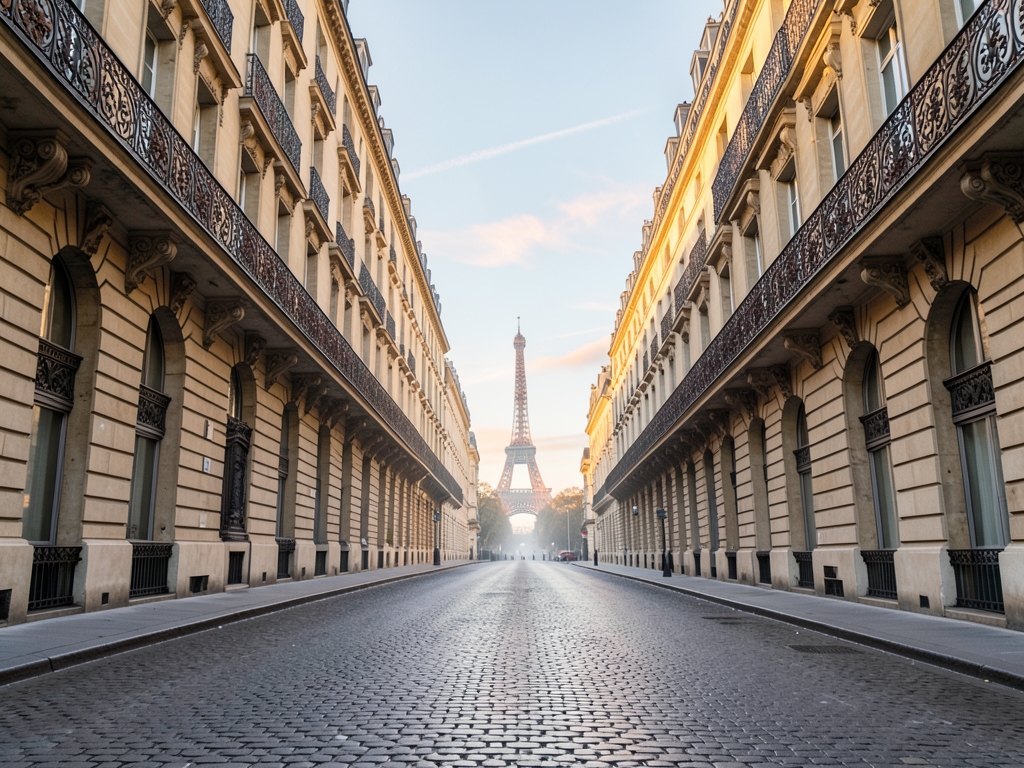 Parisian limestone boulevard with Haussmann facades wrought iron balconies
