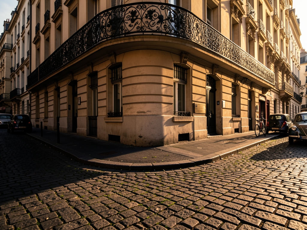 vintage Parisian street corner bathed golden hour light