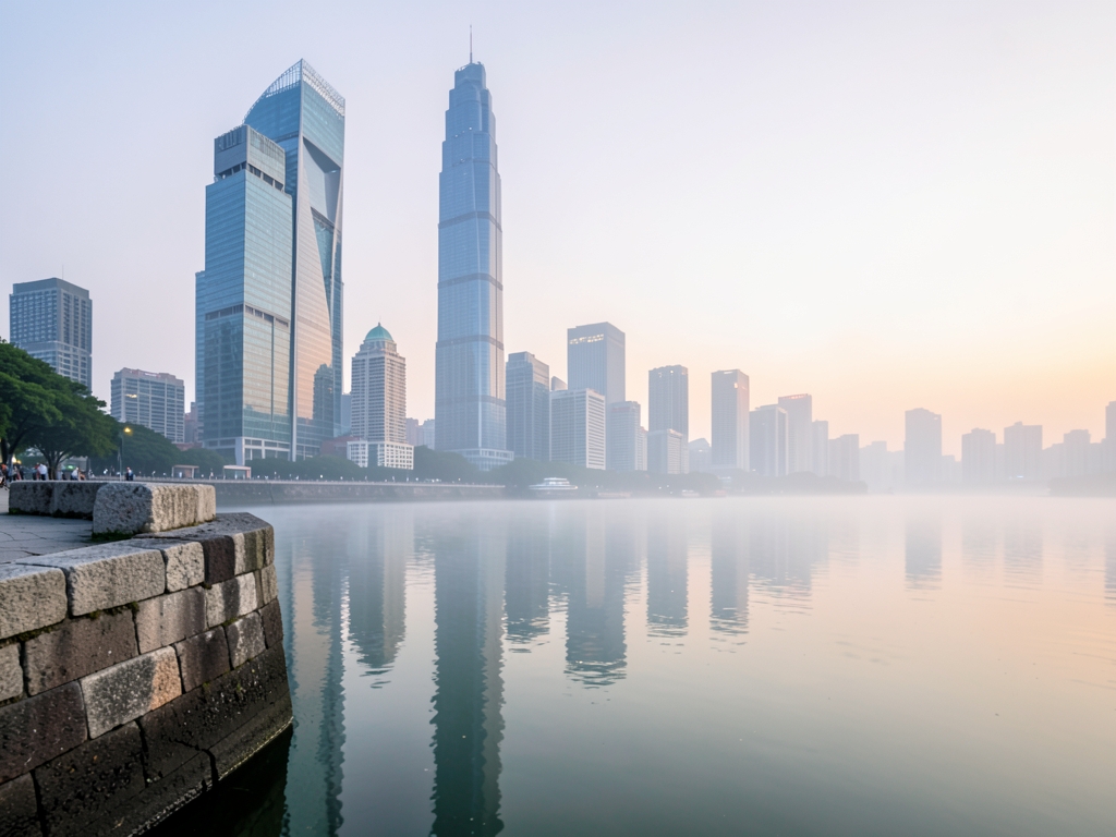Shanghai riverfront skyline misty dawn with glass towers