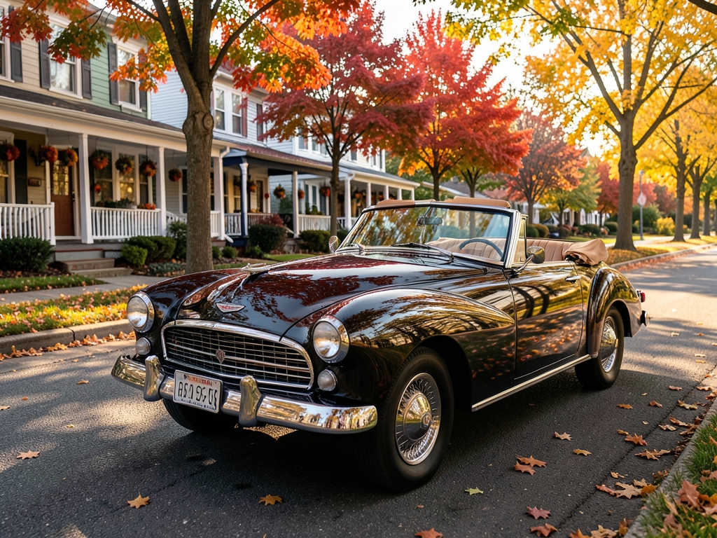 Sunlight reflects polished hood classic parked quiet tree lined