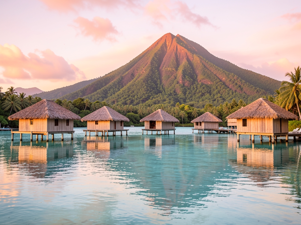 Tranquil Tahitian lagoon sunrise with wooden overwater villas