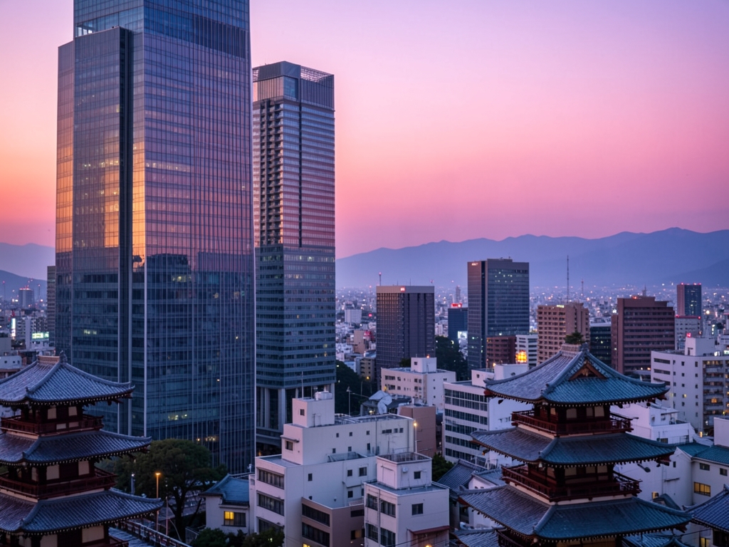 Tokyo cityscape dusk with modern towers pagoda rooftops