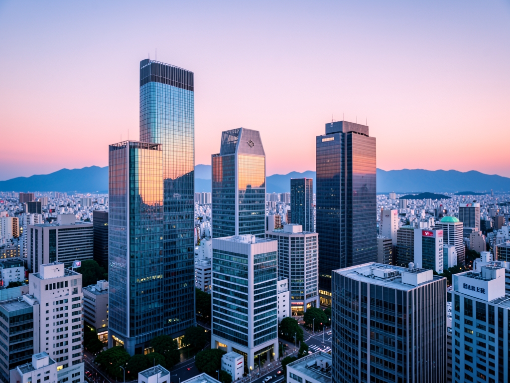 Tokyo skyline blue hour with modern glass towers