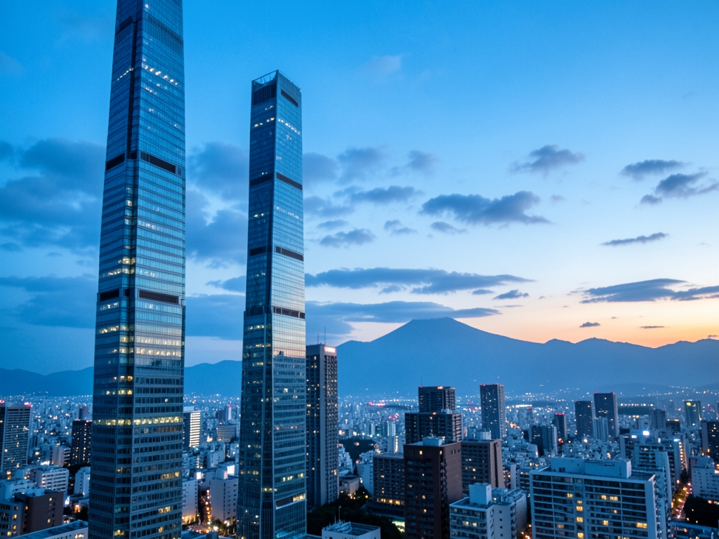 Tokyo skyline blue dusk with sleek glass towers