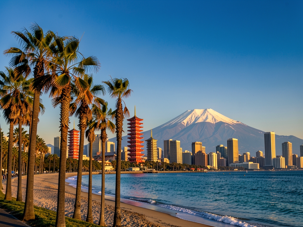Angeles palm lined coastline golden hour blending toward Tokyo
