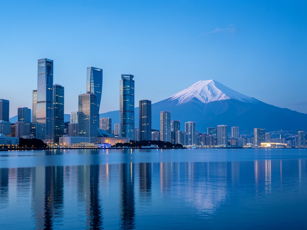 Modern Tokyo skyline blue dusk with glass towers