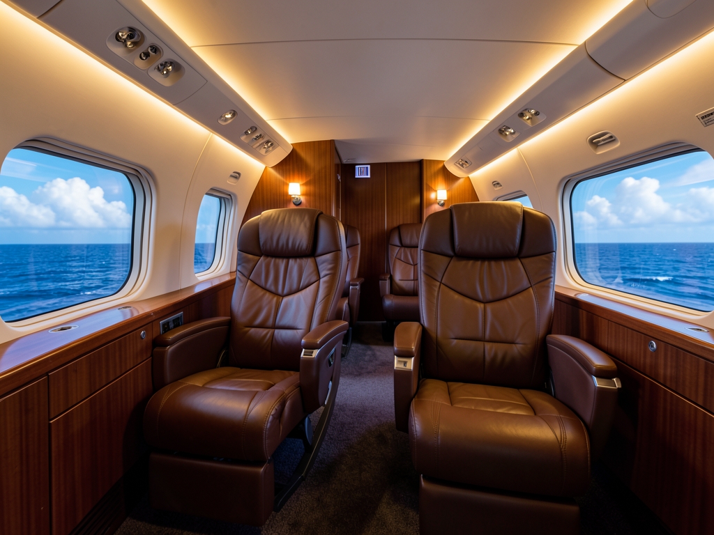 Interior spacious business class cabin featuring plush leather