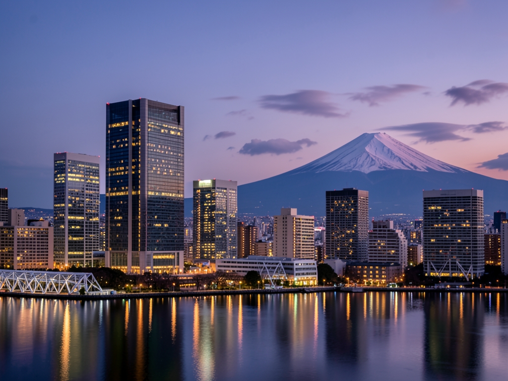 Tokyo cityscape dusk with illuminated skyscrapers Mount Fuji