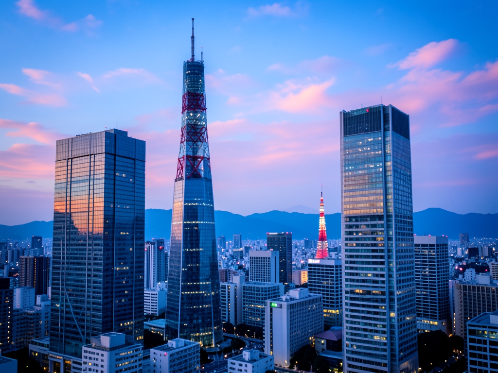Tokyo skyline blue hour with towering skyscrapers distant
