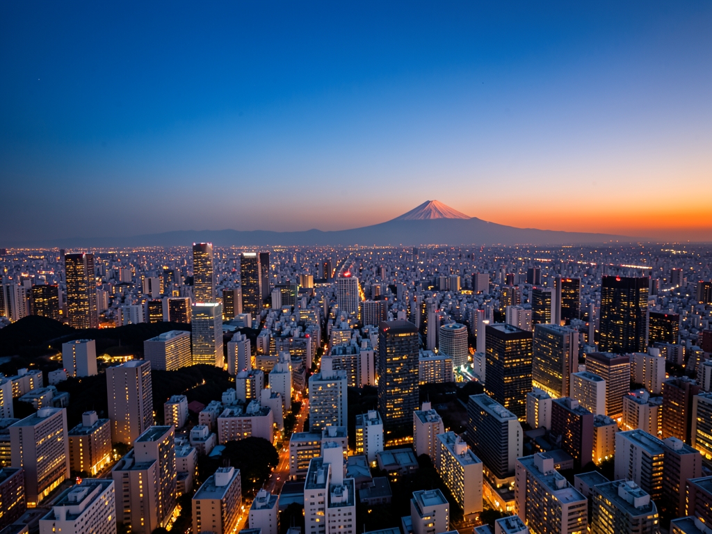 Twilight aerial view Tokyo s dense skyline with glowing