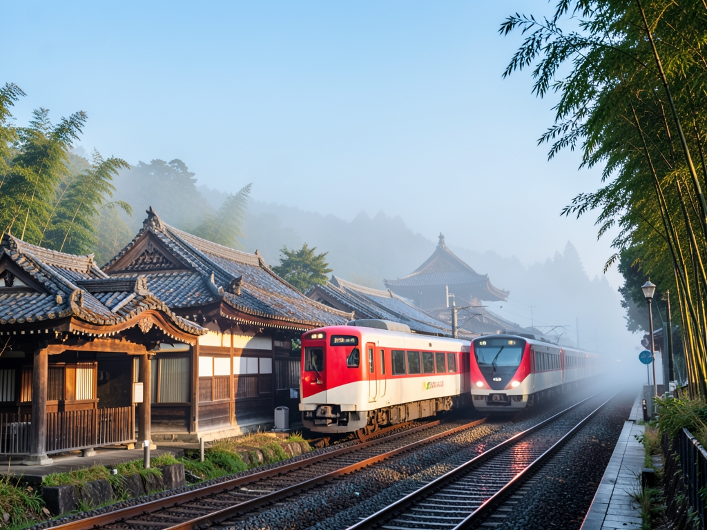high speed Shinkansen train glides past traditional Japanese temple